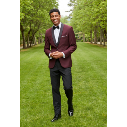Couture 1910 Stretch 1-Button Burgundy with Black Shawl Lapel Coat and Contrasting Black Pants
